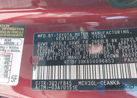 2005 Toyota Camry Le V6 from USA, damaged, VIN 4T1BF30K65U096853
